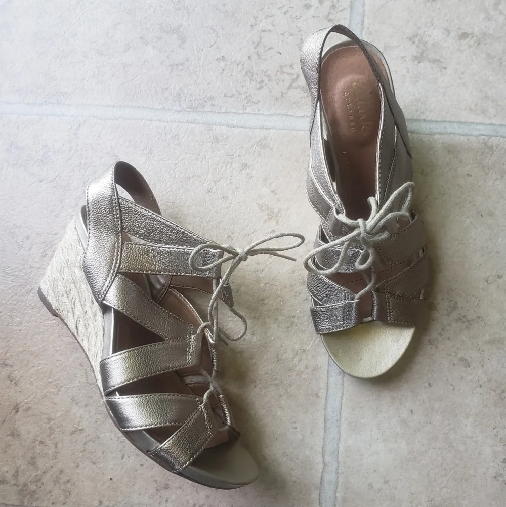 CLARKS Art Acina Chester Leather Lace Up Espadrille Wedge Sandals 5.5.